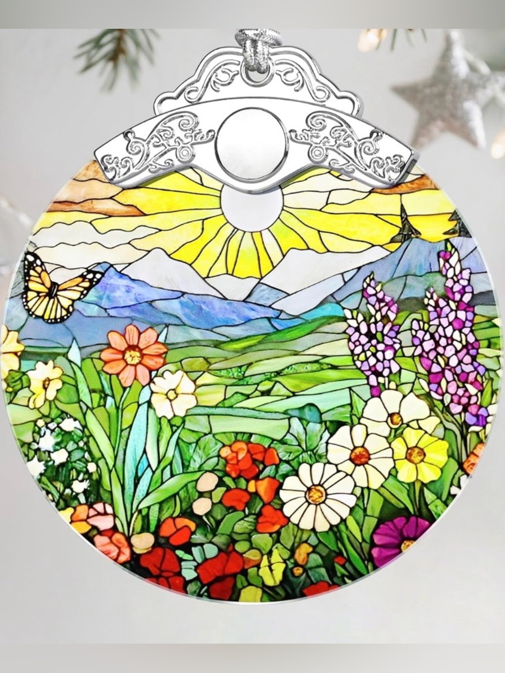 Floral Sunrise Stained-Glass Style Home Art Ornament - Yellow & Multicolor